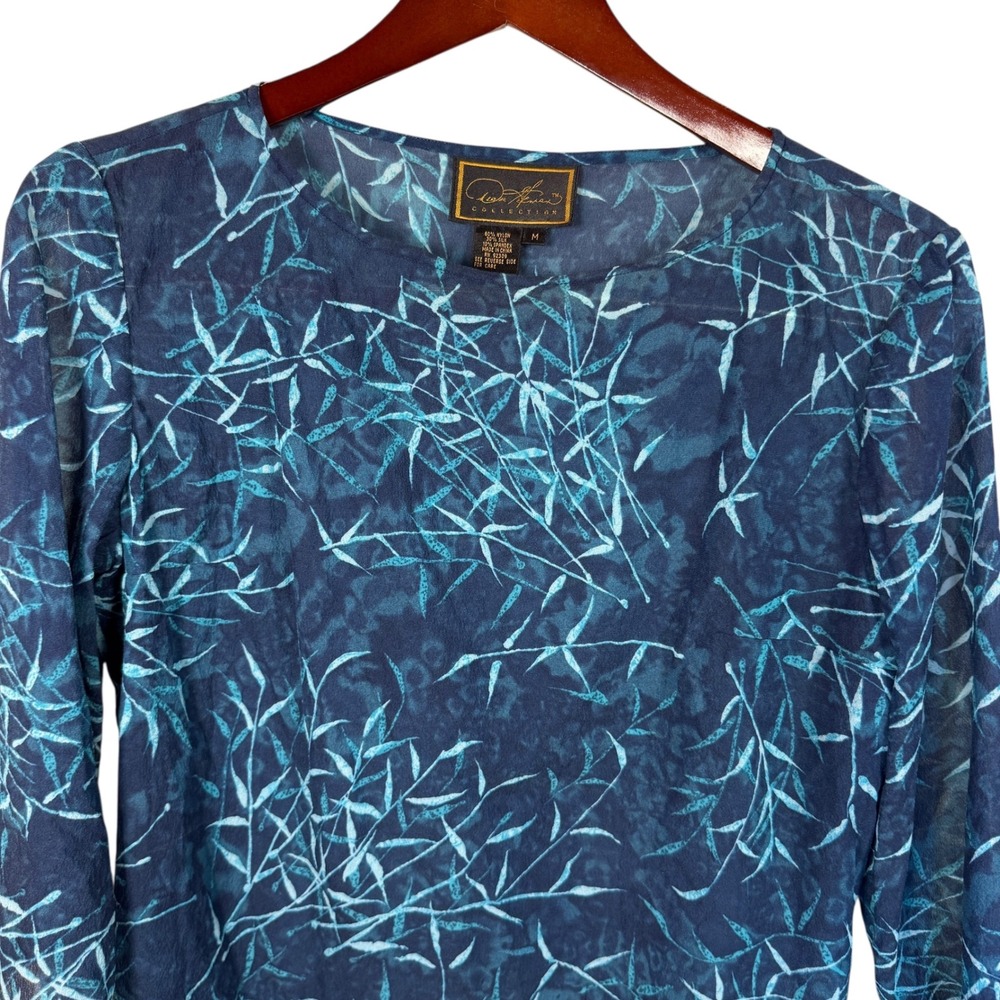 VTG Diane Gilman Women's Silk Blend Blouse Sz Med Blue‎ 3/4 Sleeve Sheer